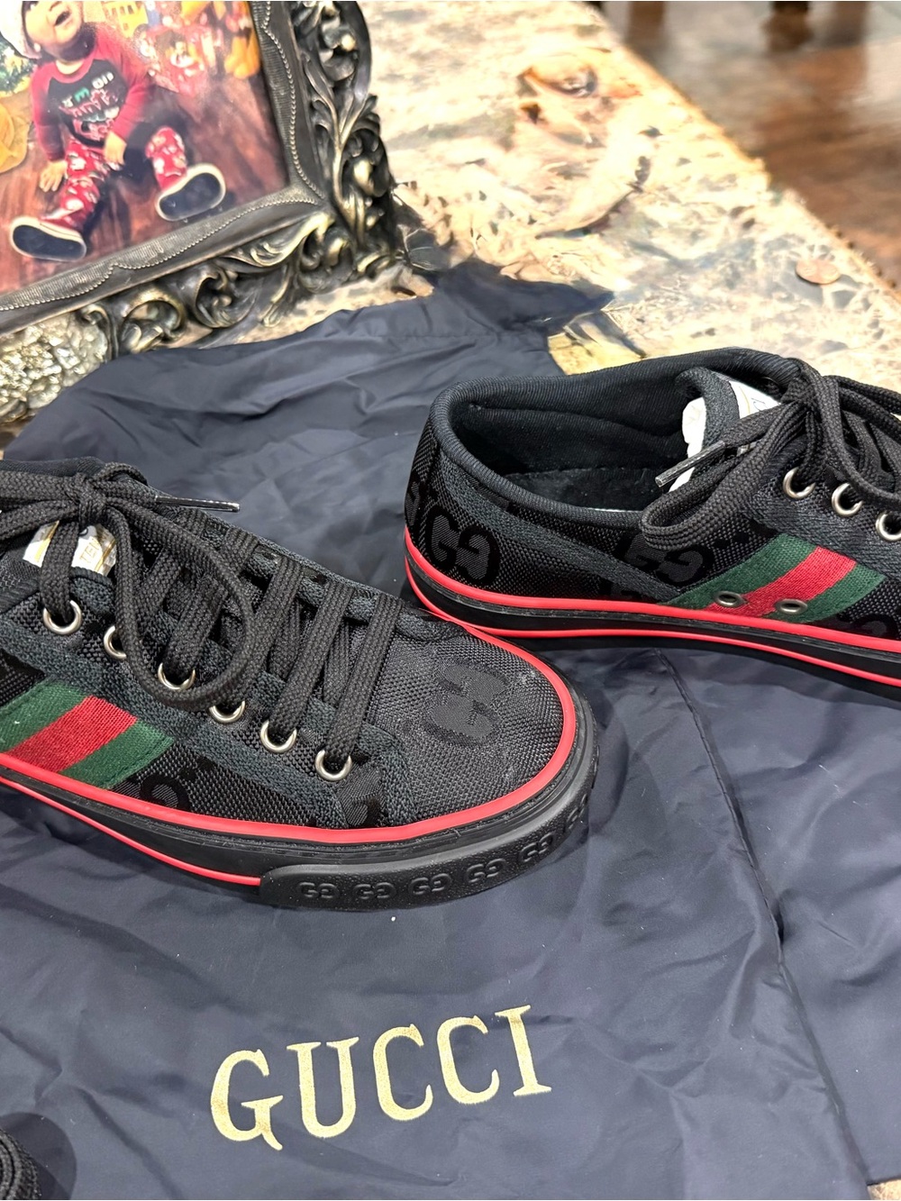 Gucci Off The Grid Tennis 1977 Black ECONYL Sneakers NIB Web Stripe 34.5 Wm/Kids - Picture 7 of 10